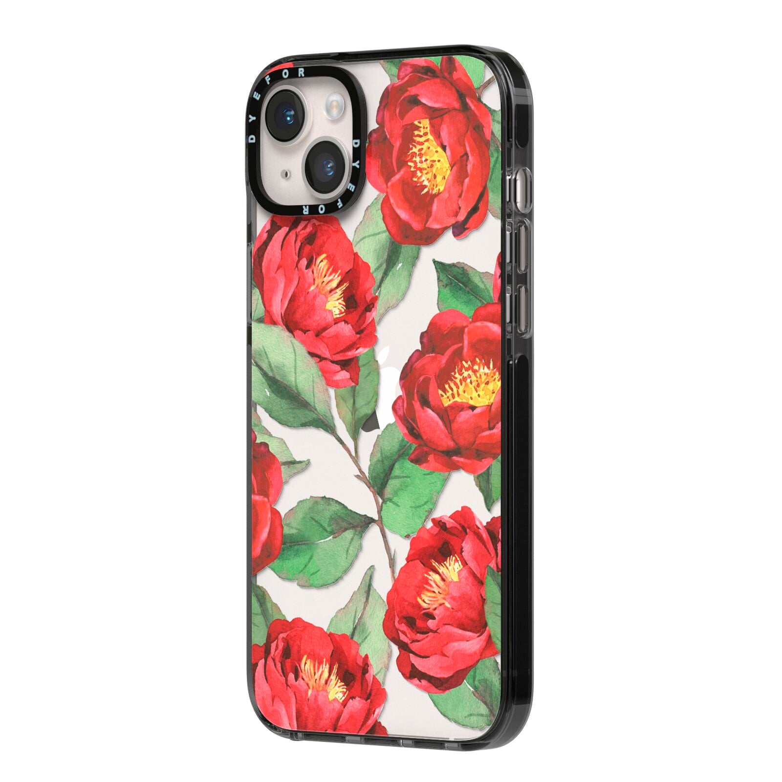 Red Watercolour Flowers iPhone 14 Plus Black Impact Case Side Angle on Silver phone