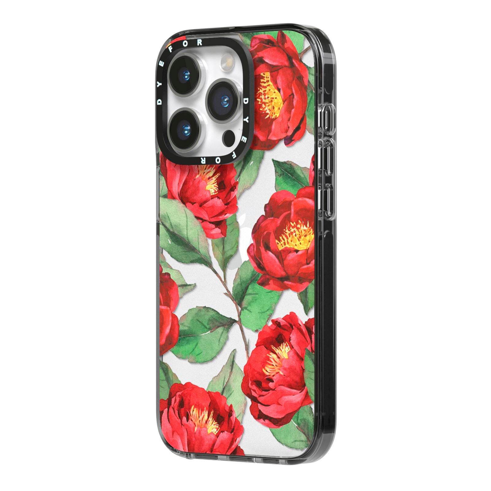 Red Watercolour Flowers iPhone 14 Pro Black Impact Case Side Angle on Silver phone