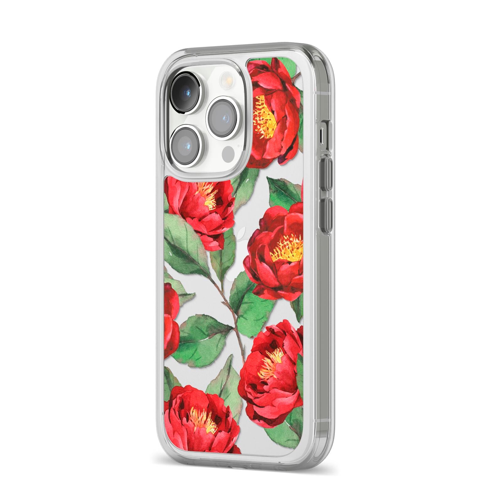 Red Watercolour Flowers iPhone 14 Pro Clear Tough Case Silver Angled Image