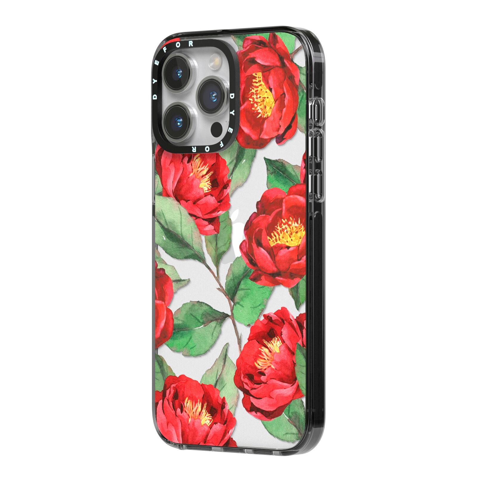 Red Watercolour Flowers iPhone 14 Pro Max Black Impact Case Side Angle on Silver phone