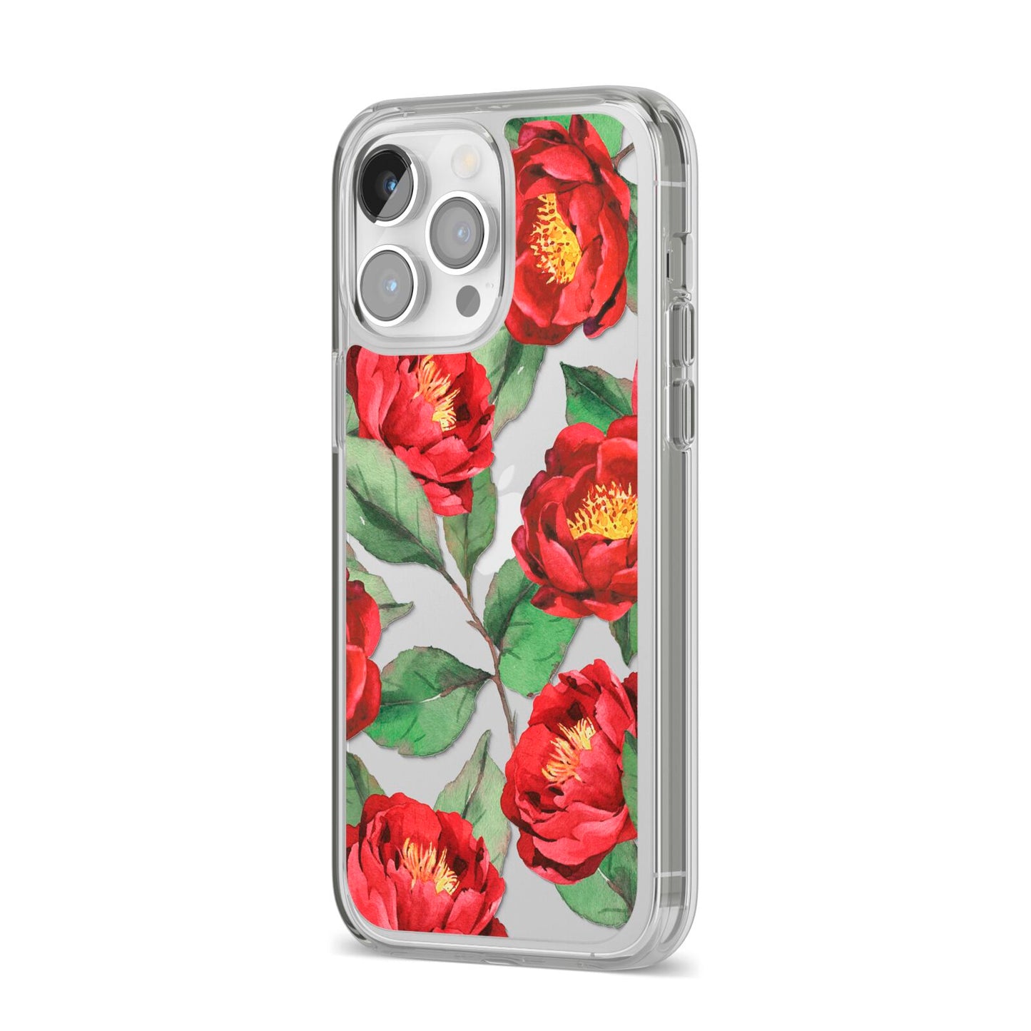 Red Watercolour Flowers iPhone 14 Pro Max Clear Tough Case Silver Angled Image