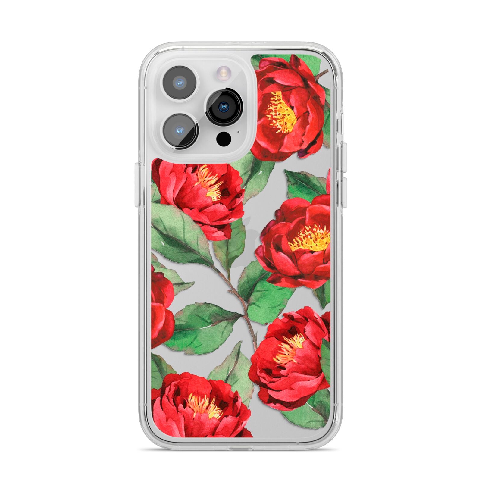 Red Watercolour Flowers iPhone 14 Pro Max Clear Tough Case Silver