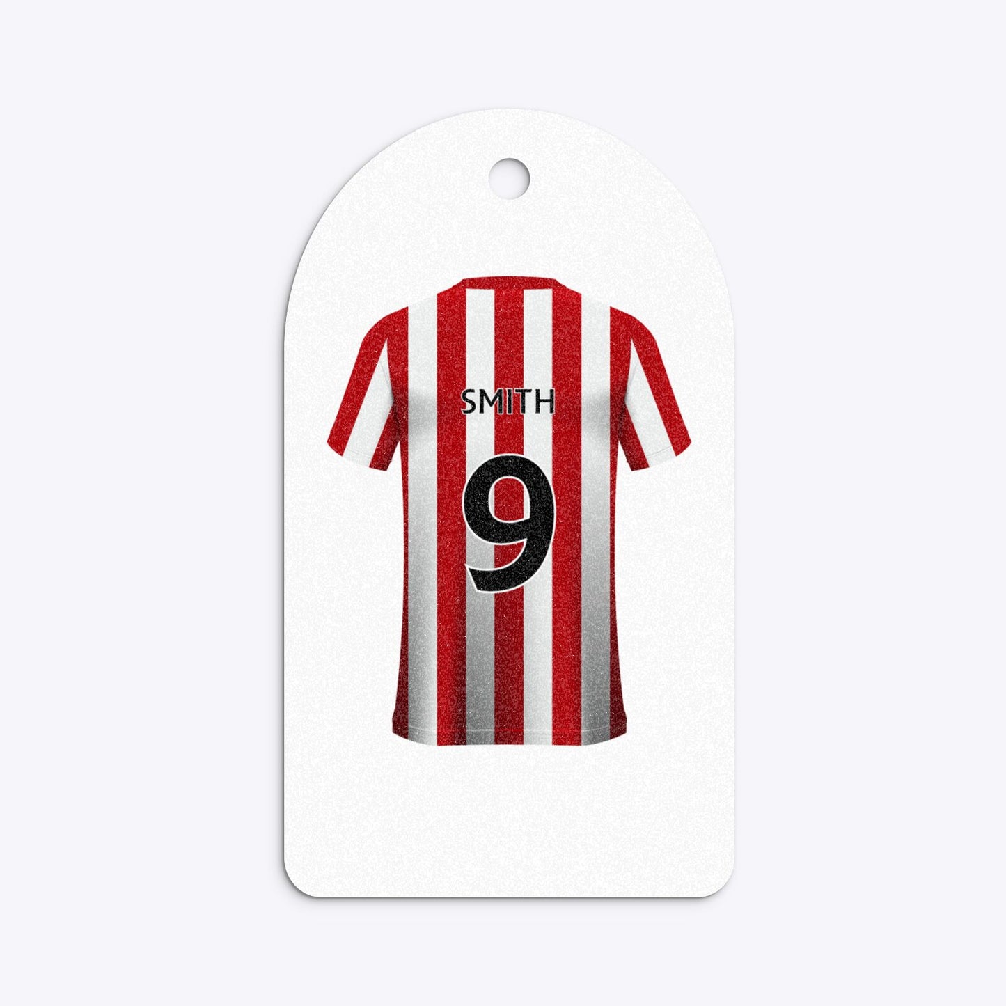 Red White Striped Personalised Football Shirt Arched Rectangle Glitter Gift Tag