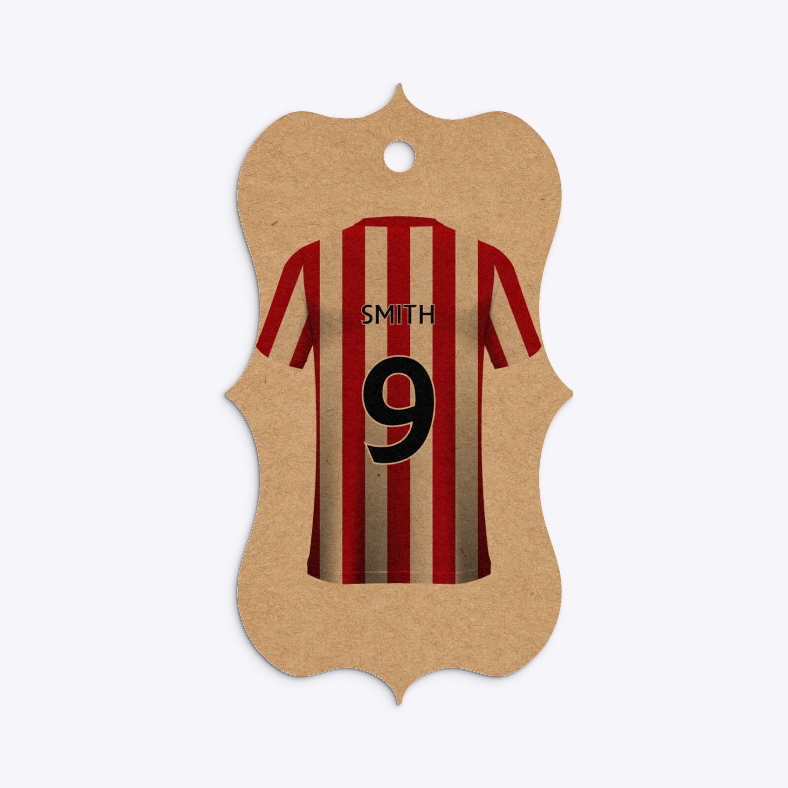 Red White Striped Personalised Football Shirt Bracket Kraft Gift Tag