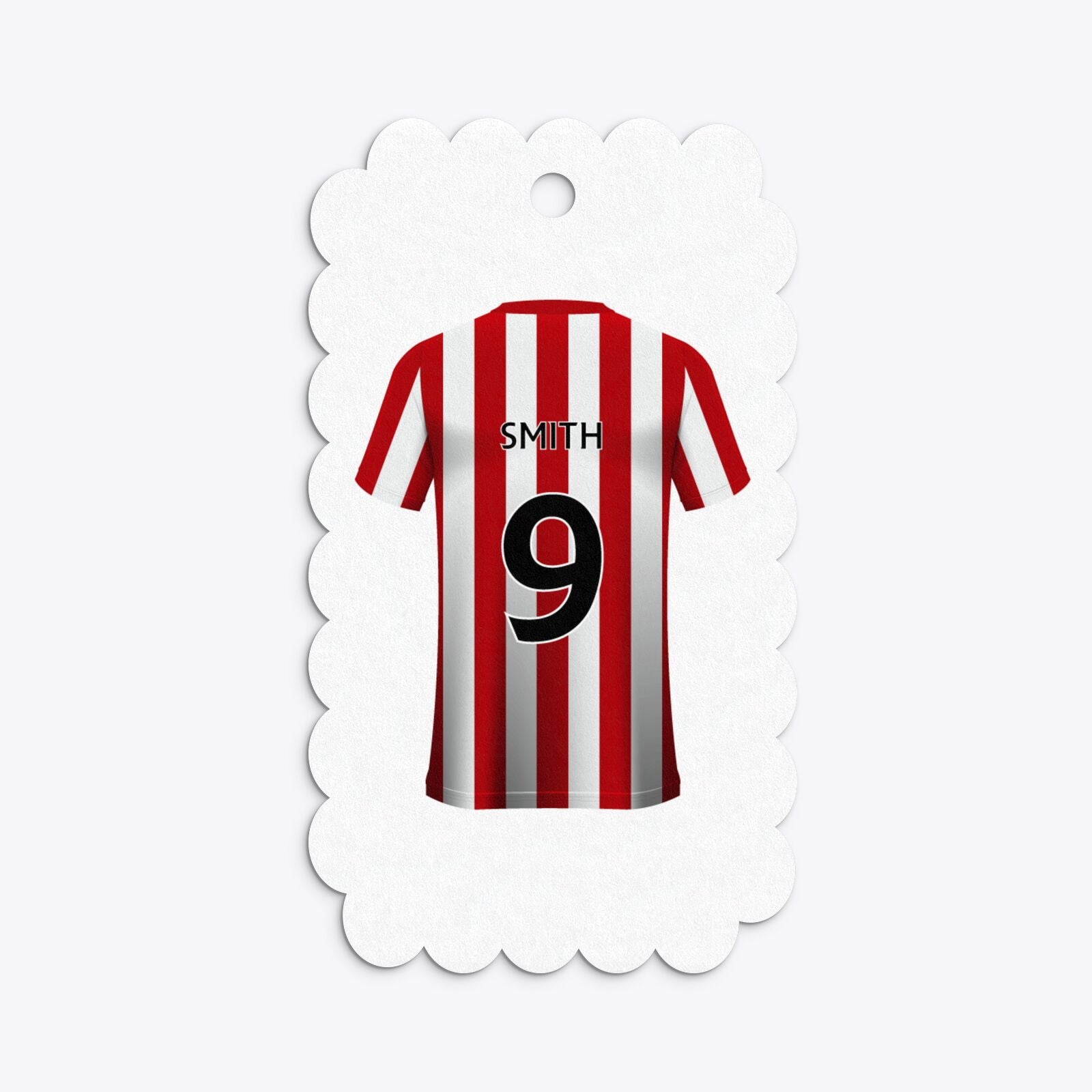 Red White Striped Personalised Football Shirt Scalloped Gift Tag