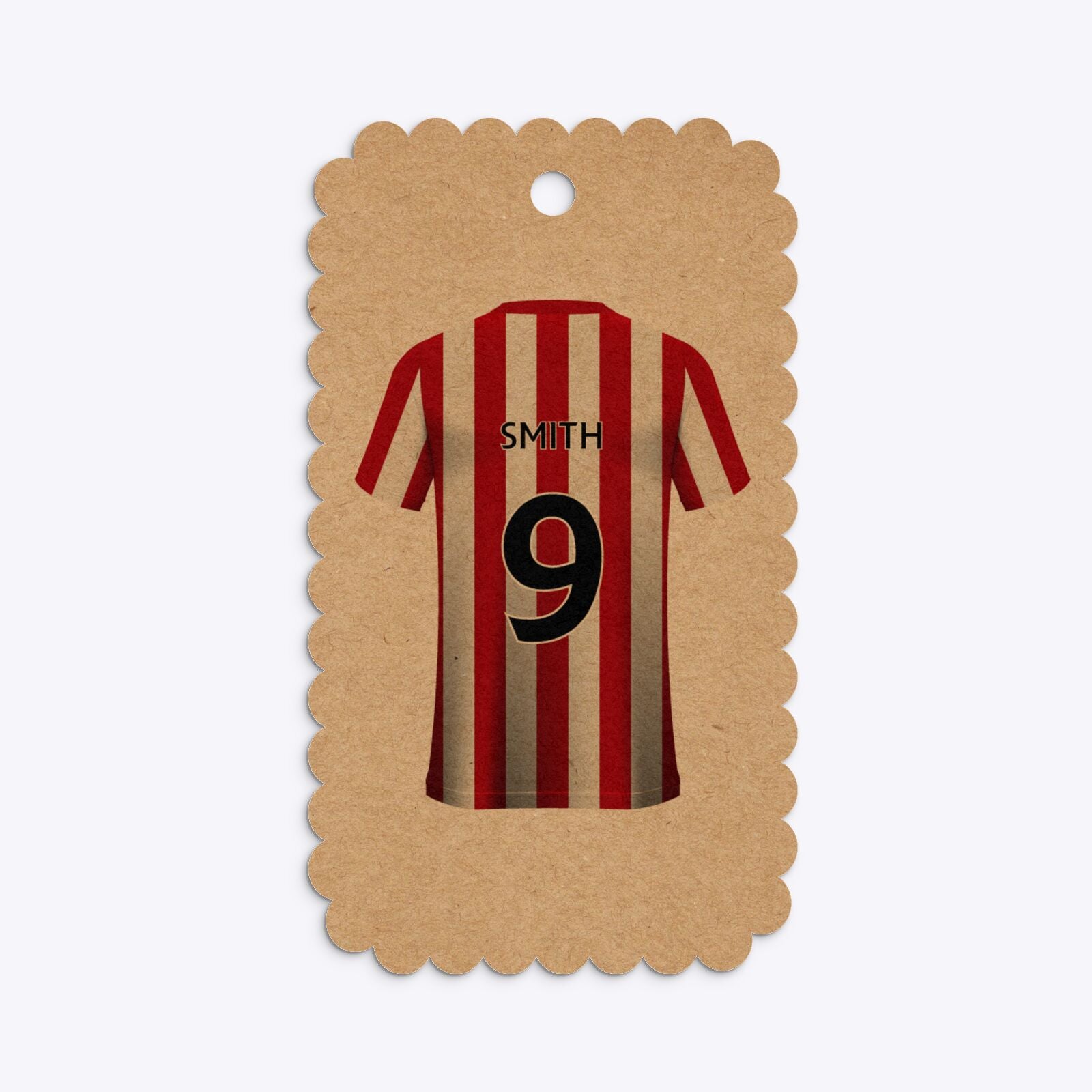 Red White Striped Personalised Football Shirt Small Scalloped Kraft Gift Tag