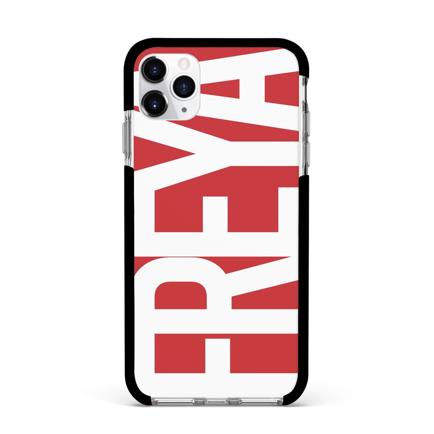 Red and White Chunky Name Apple iPhone 11 Pro Max in Silver with Black Impact Case