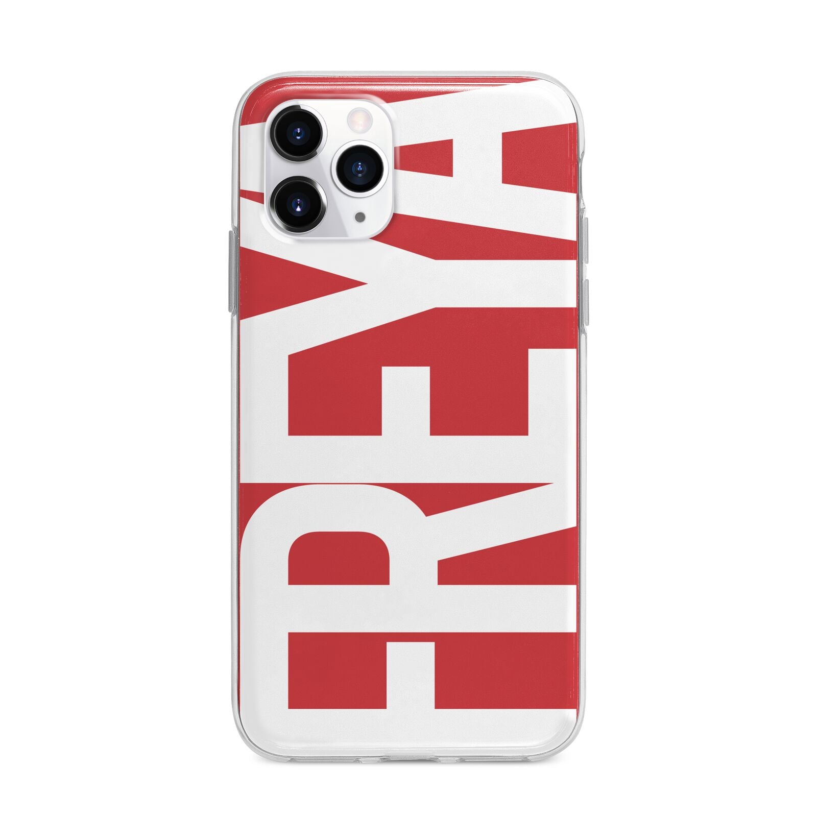 Red and White Chunky Name Apple iPhone 11 Pro Max in Silver with Bumper Case