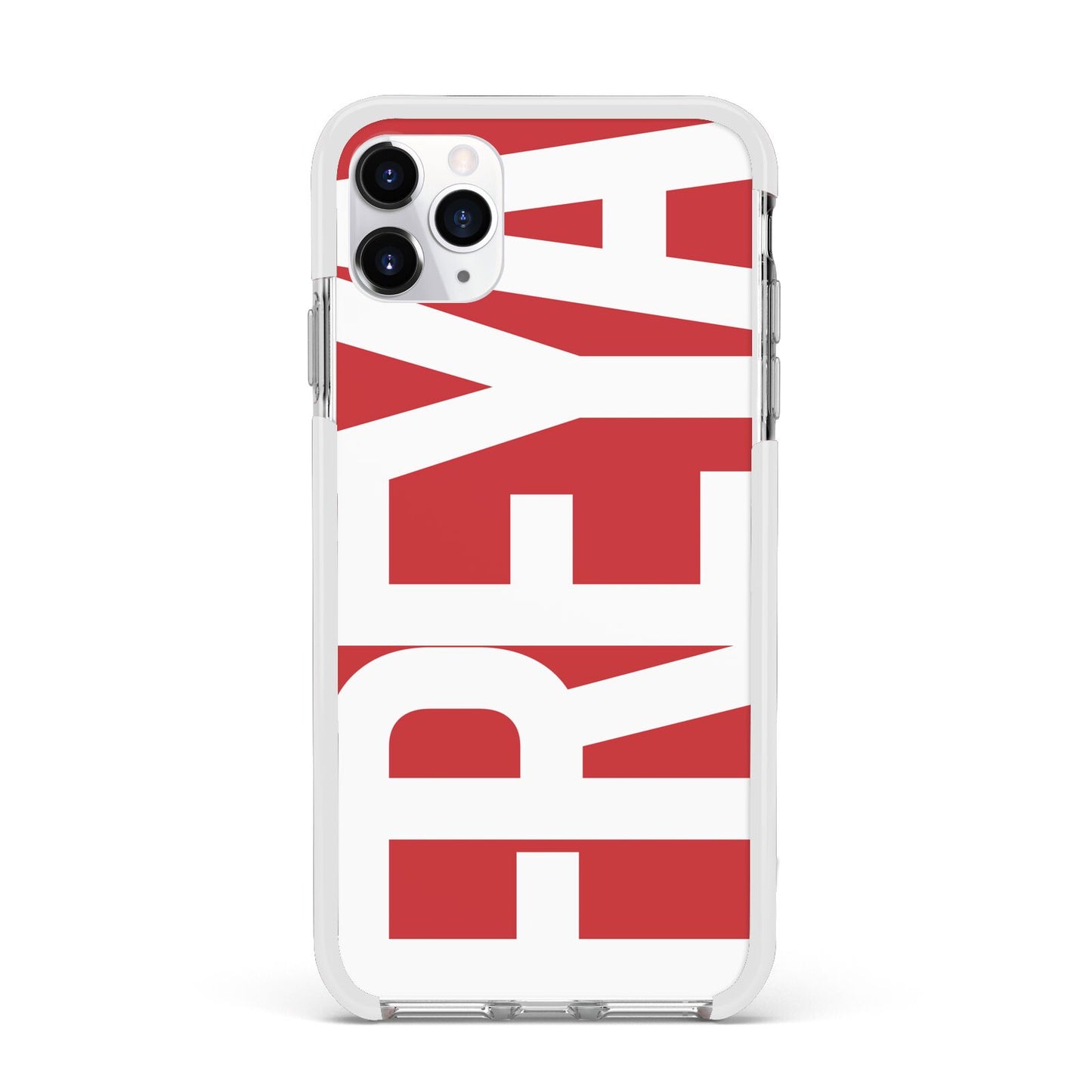 Red and White Chunky Name Apple iPhone 11 Pro Max in Silver with White Impact Case