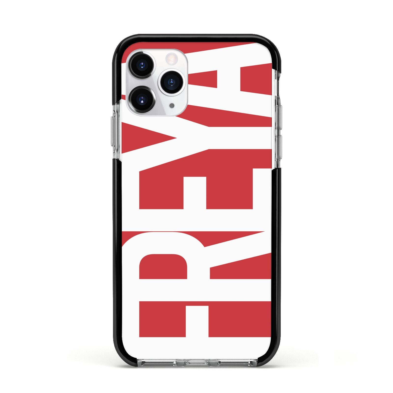 Red and White Chunky Name Apple iPhone 11 Pro in Silver with Black Impact Case