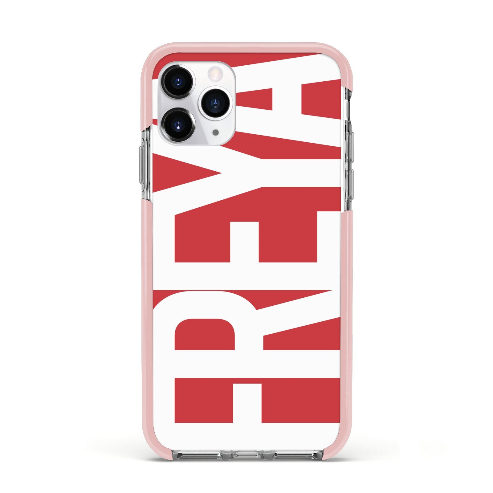 Red and White Chunky Name Apple iPhone 11 Pro in Silver with Pink Impact Case