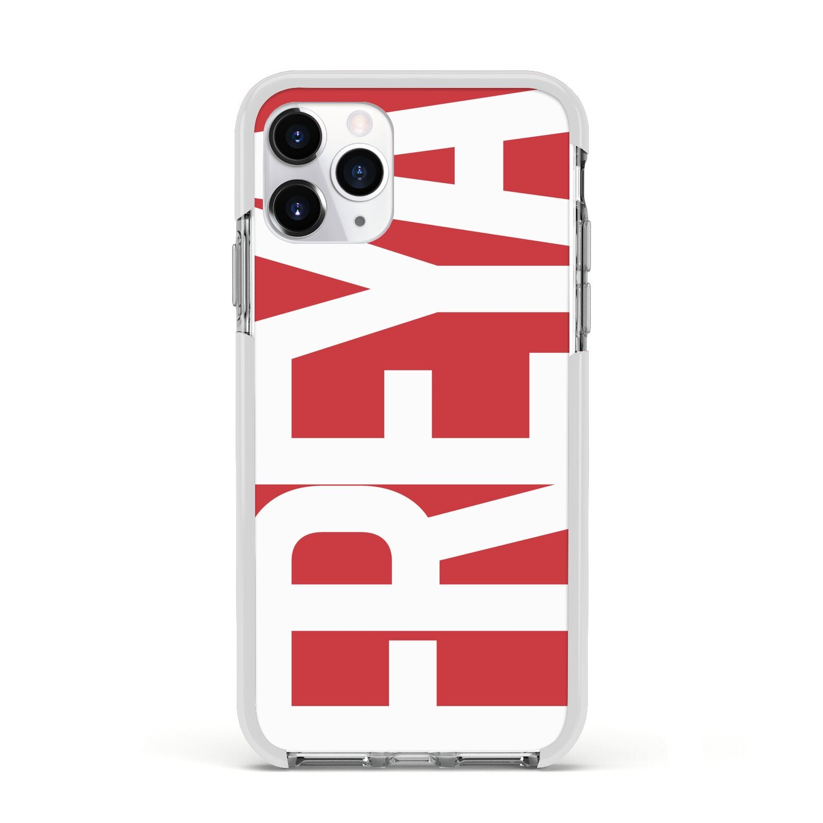 Red and White Chunky Name Apple iPhone 11 Pro in Silver with White Impact Case