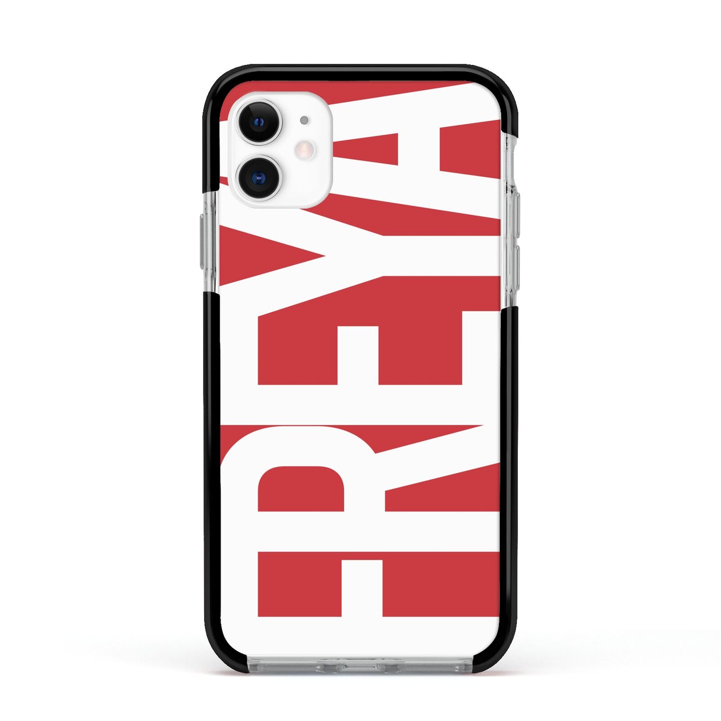 Red and White Chunky Name Apple iPhone 11 in White with Black Impact Case