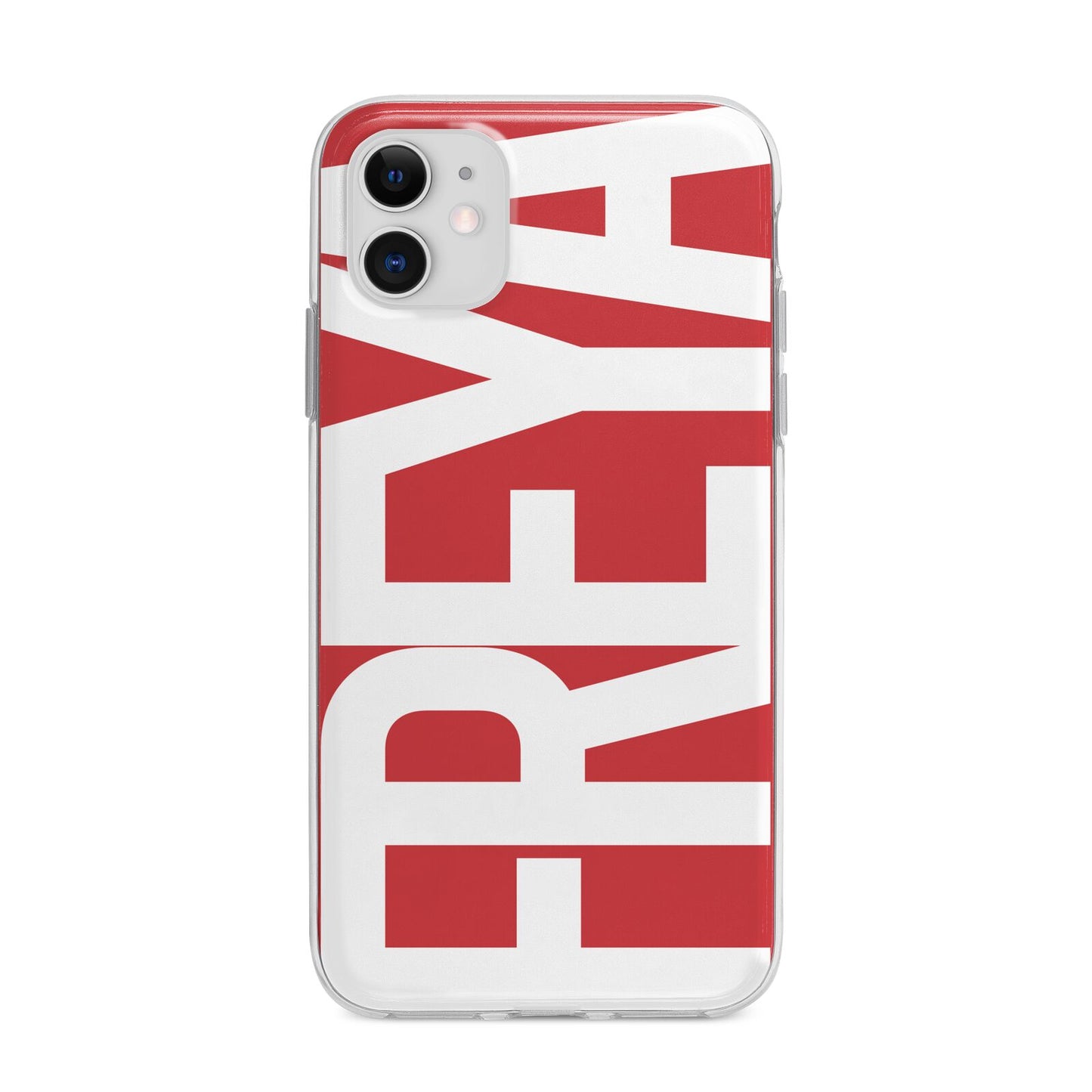 Red and White Chunky Name Apple iPhone 11 in White with Bumper Case