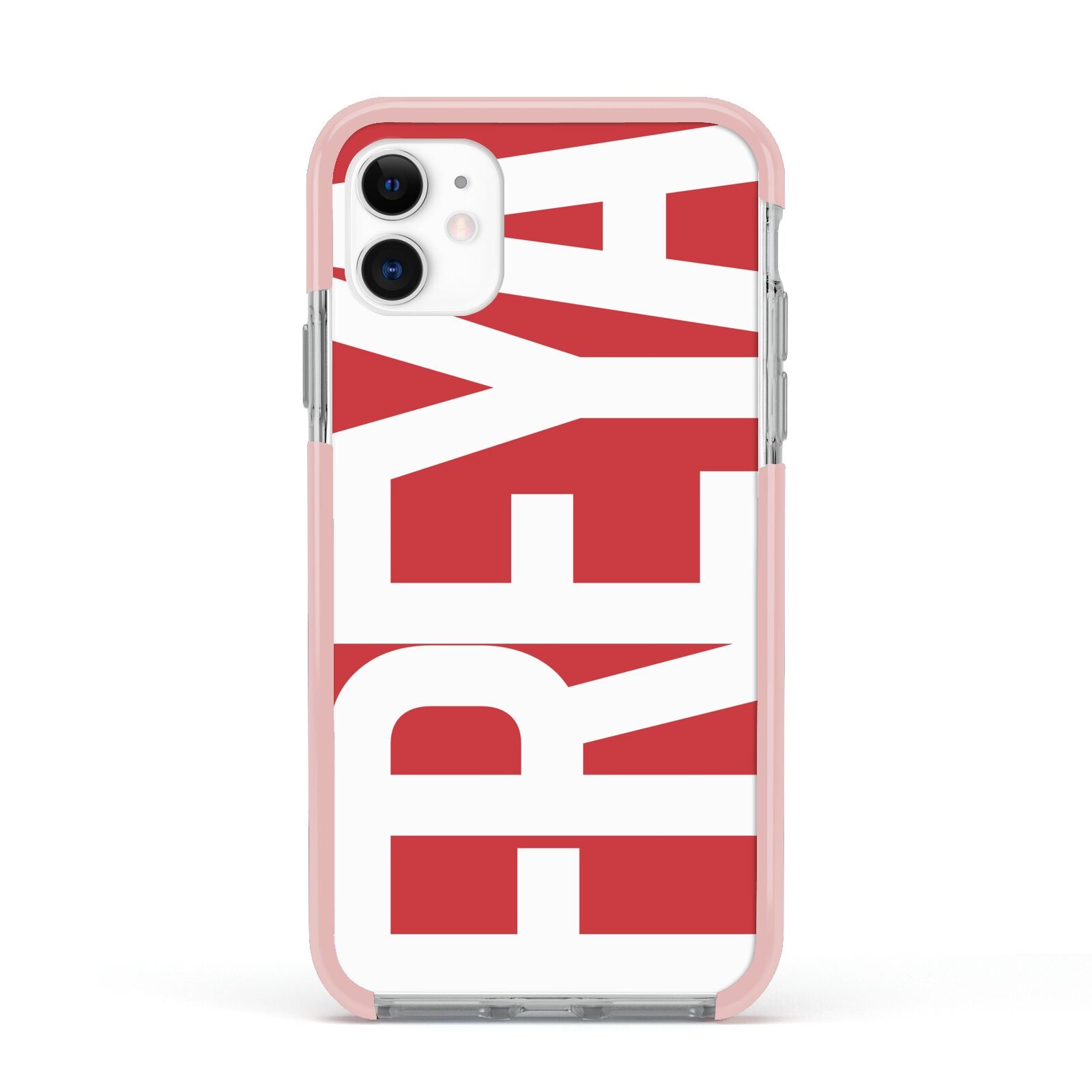 Red and White Chunky Name Apple iPhone 11 in White with Pink Impact Case