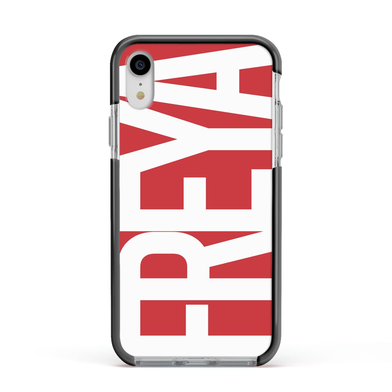 Red and White Chunky Name Apple iPhone XR Impact Case Black Edge on Silver Phone