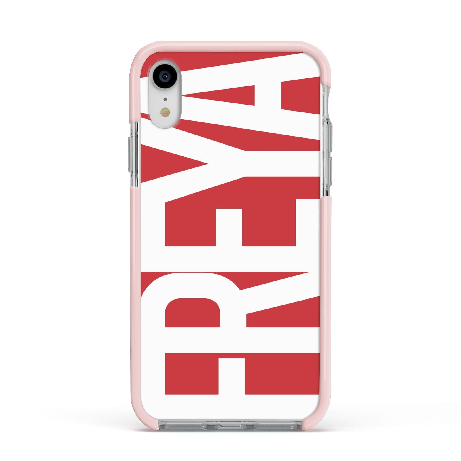 Red and White Chunky Name Apple iPhone XR Impact Case Pink Edge on Silver Phone