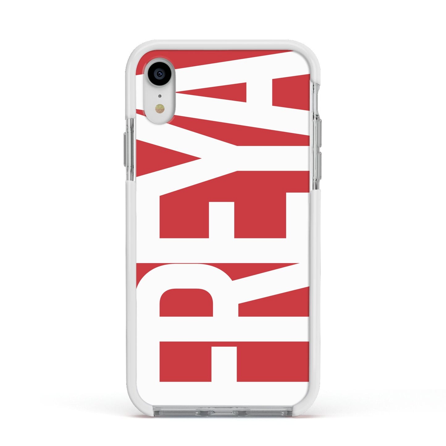 Red and White Chunky Name Apple iPhone XR Impact Case White Edge on Silver Phone