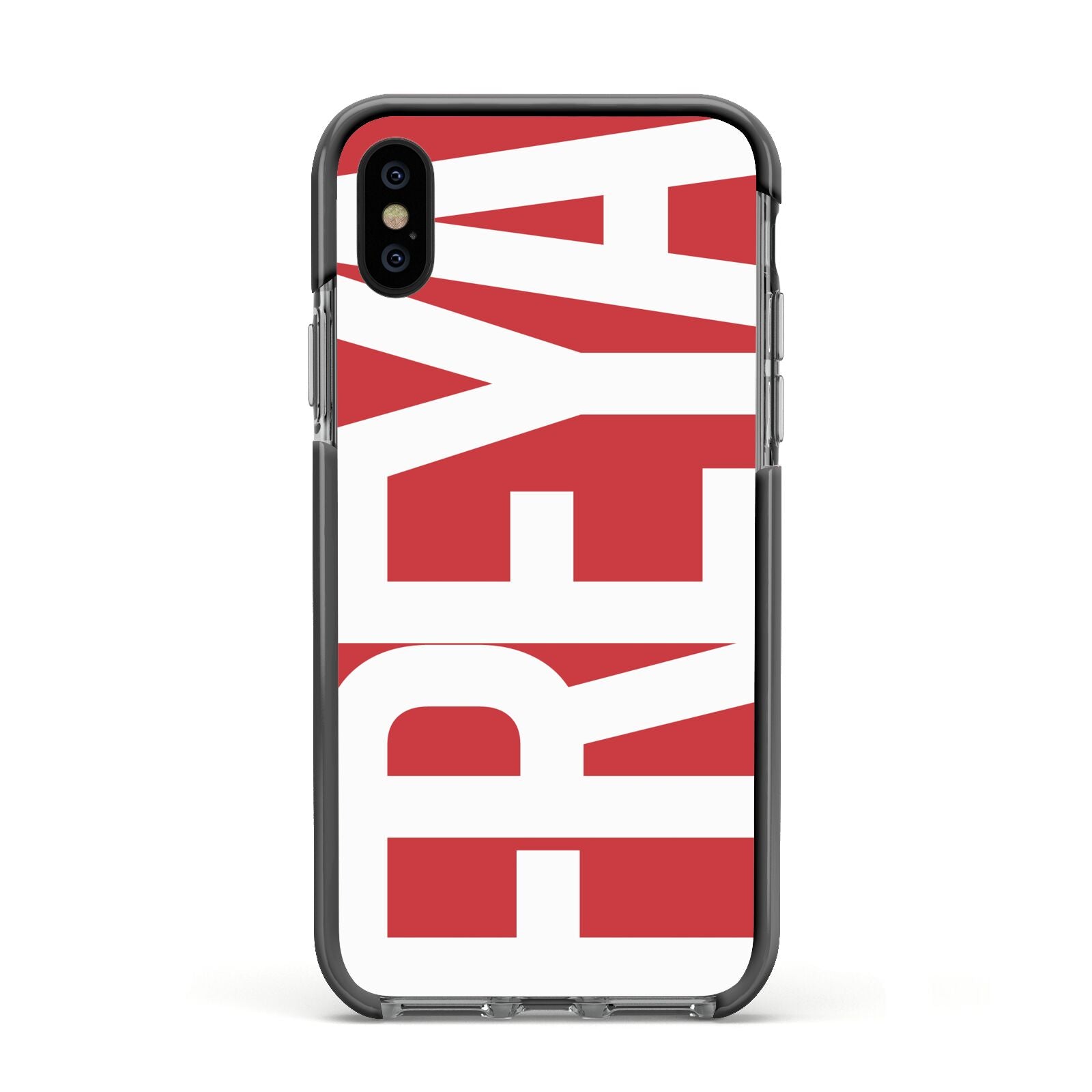 Red and White Chunky Name Apple iPhone Xs Impact Case Black Edge on Black Phone