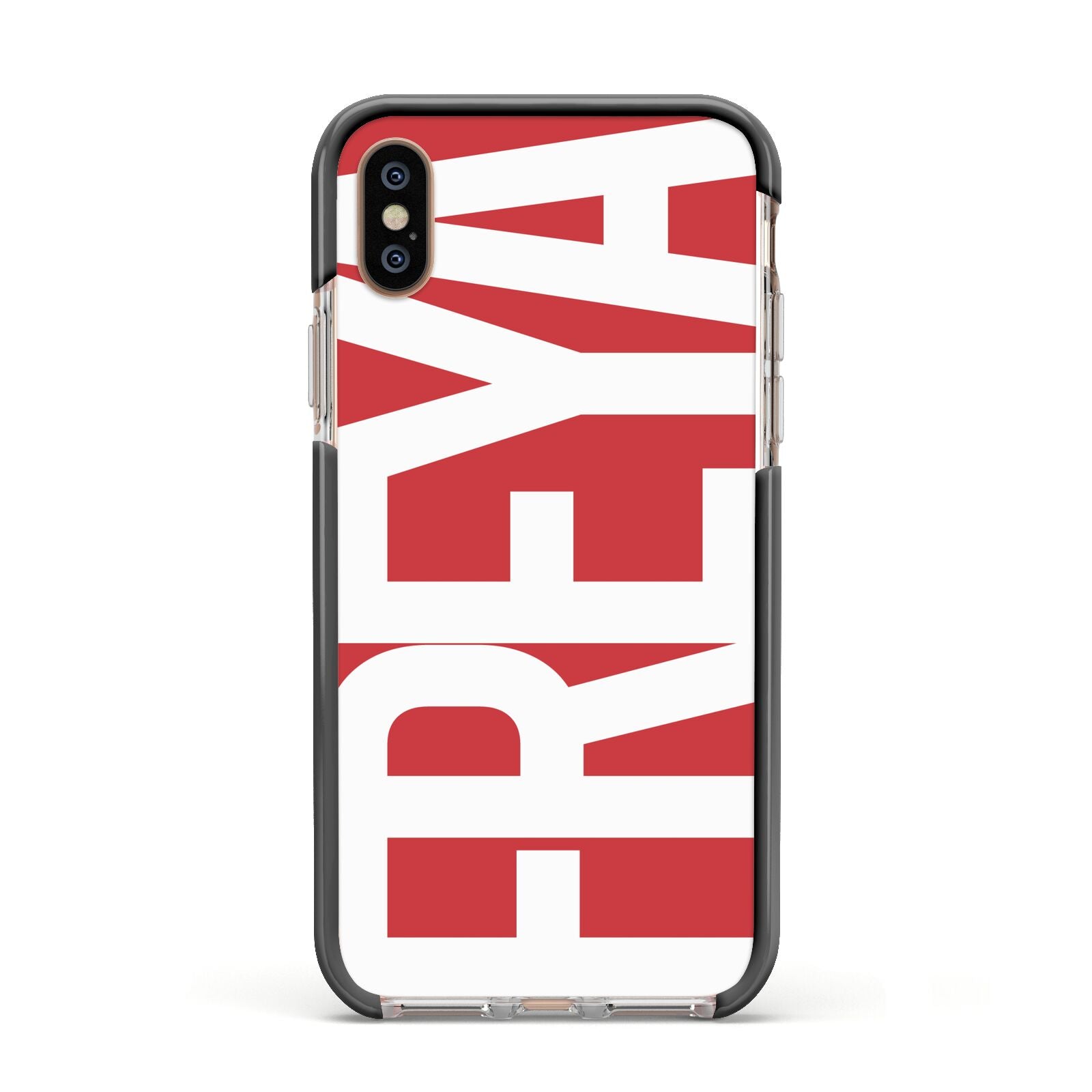 Red and White Chunky Name Apple iPhone Xs Impact Case Black Edge on Gold Phone