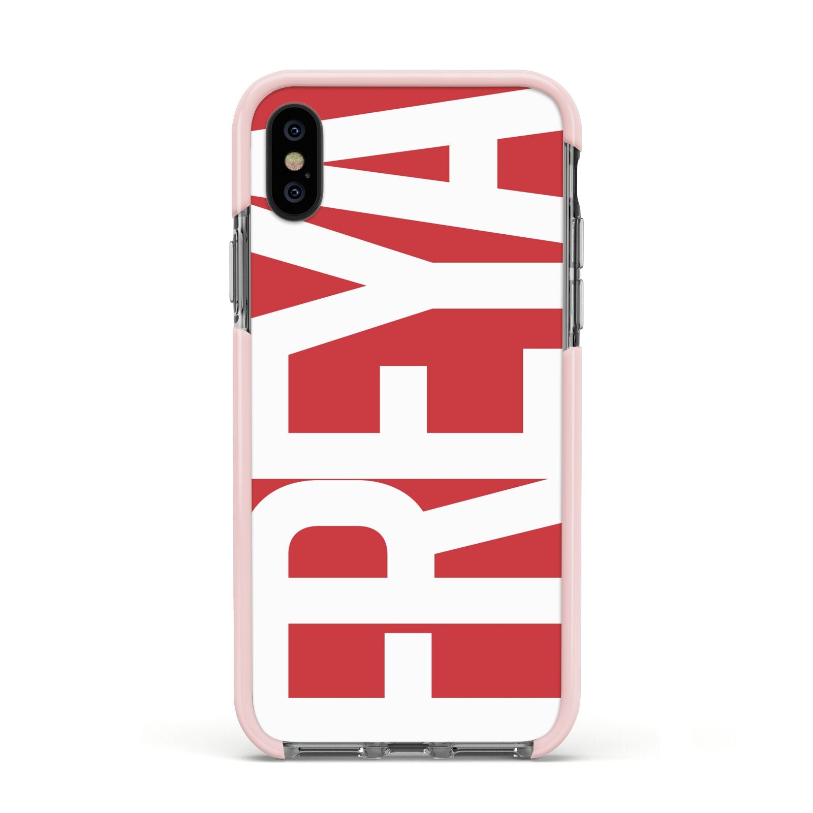 Red and White Chunky Name Apple iPhone Xs Impact Case Pink Edge on Black Phone