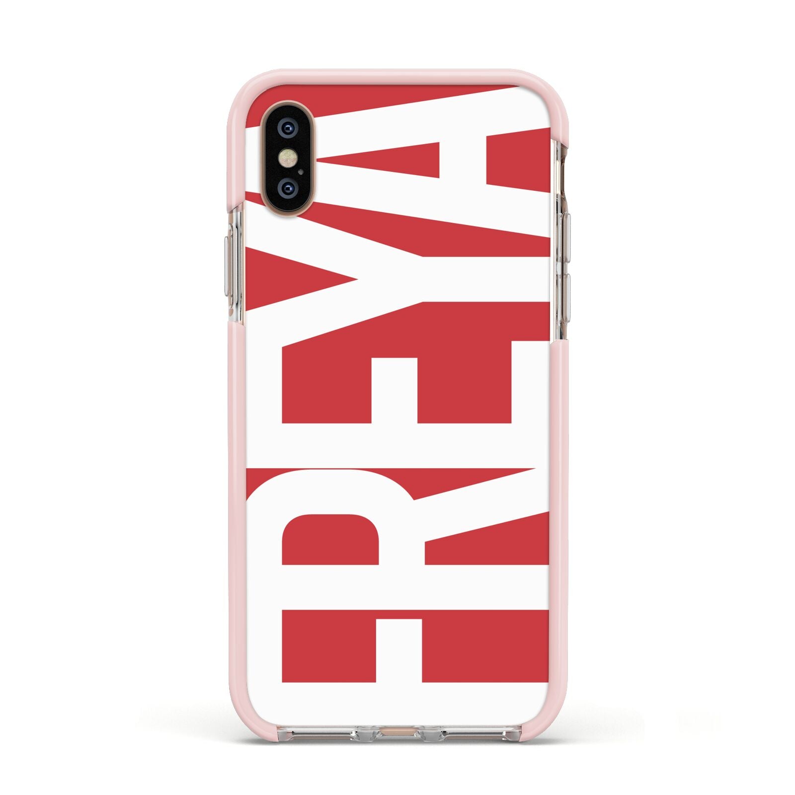 Red and White Chunky Name Apple iPhone Xs Impact Case Pink Edge on Gold Phone