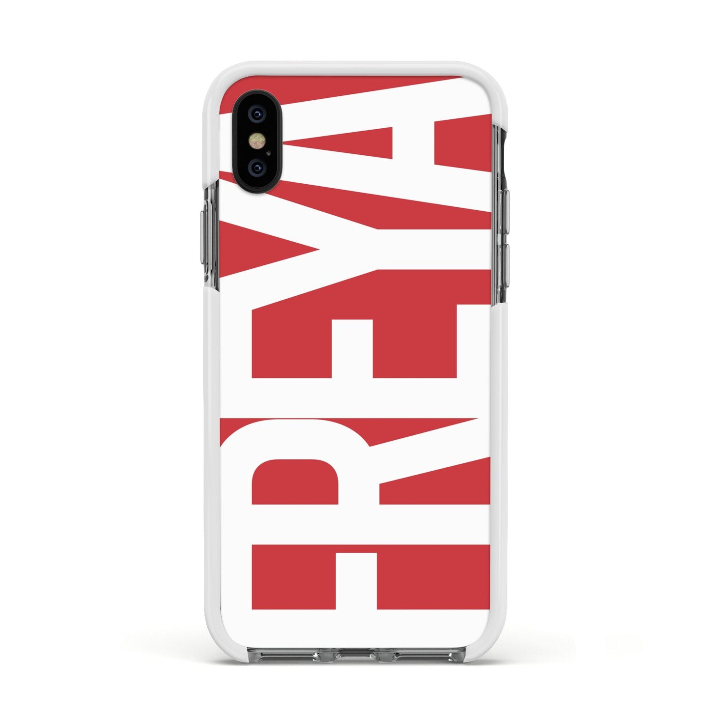 Red and White Chunky Name Apple iPhone Xs Impact Case White Edge on Black Phone