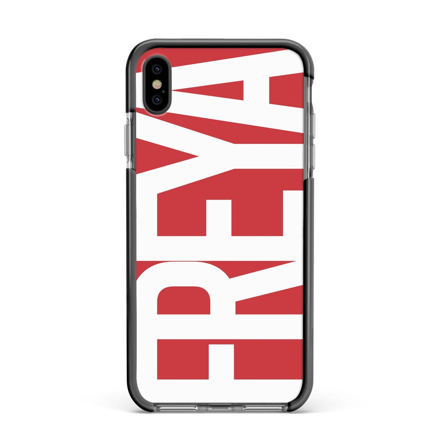 Red and White Chunky Name Apple iPhone Xs Max Impact Case Black Edge on Black Phone