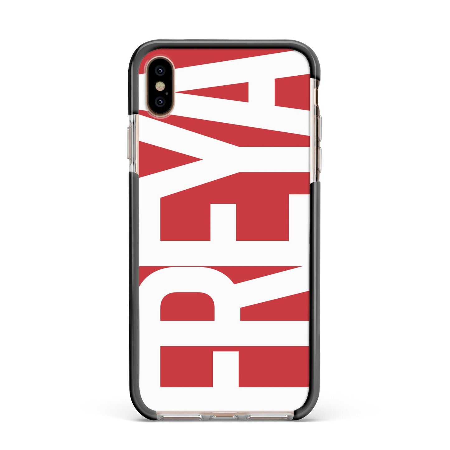 Red and White Chunky Name Apple iPhone Xs Max Impact Case Black Edge on Gold Phone