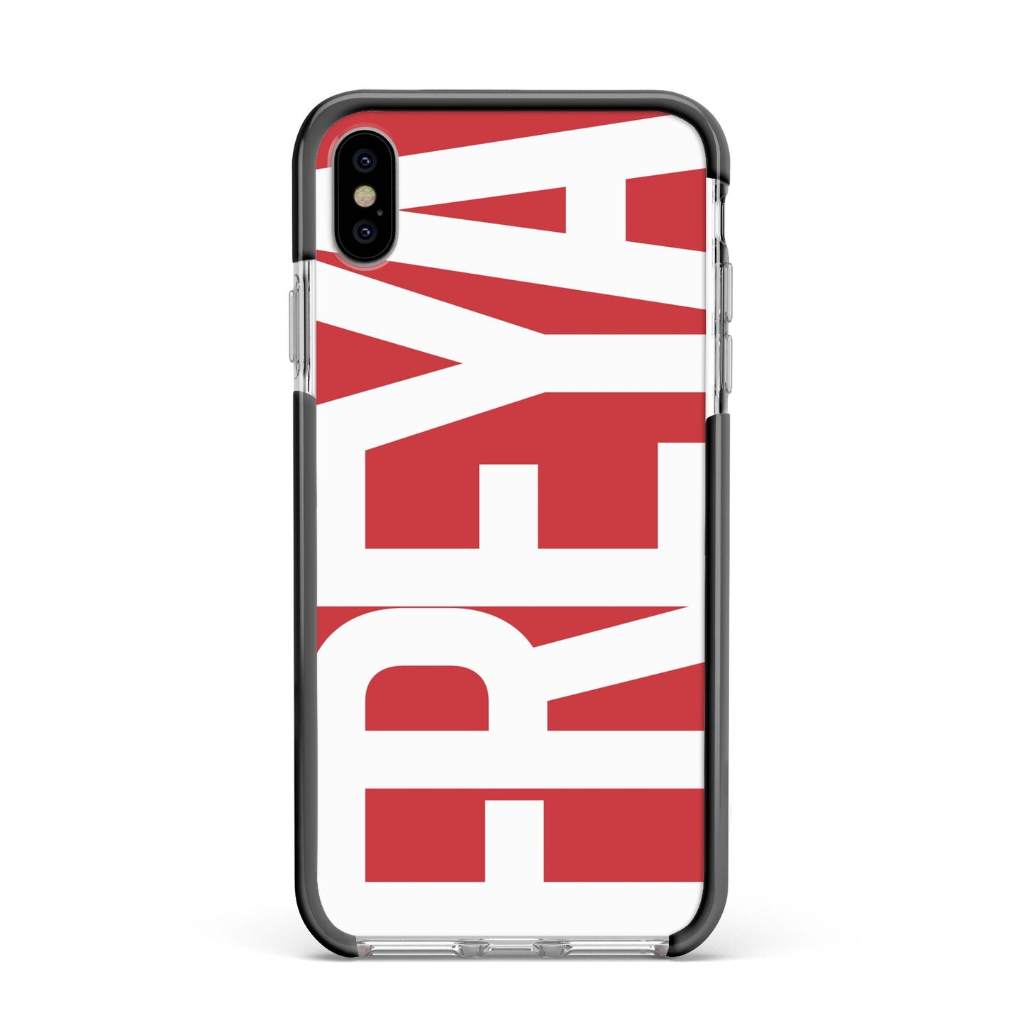 Red and White Chunky Name Apple iPhone Xs Max Impact Case Black Edge on Silver Phone