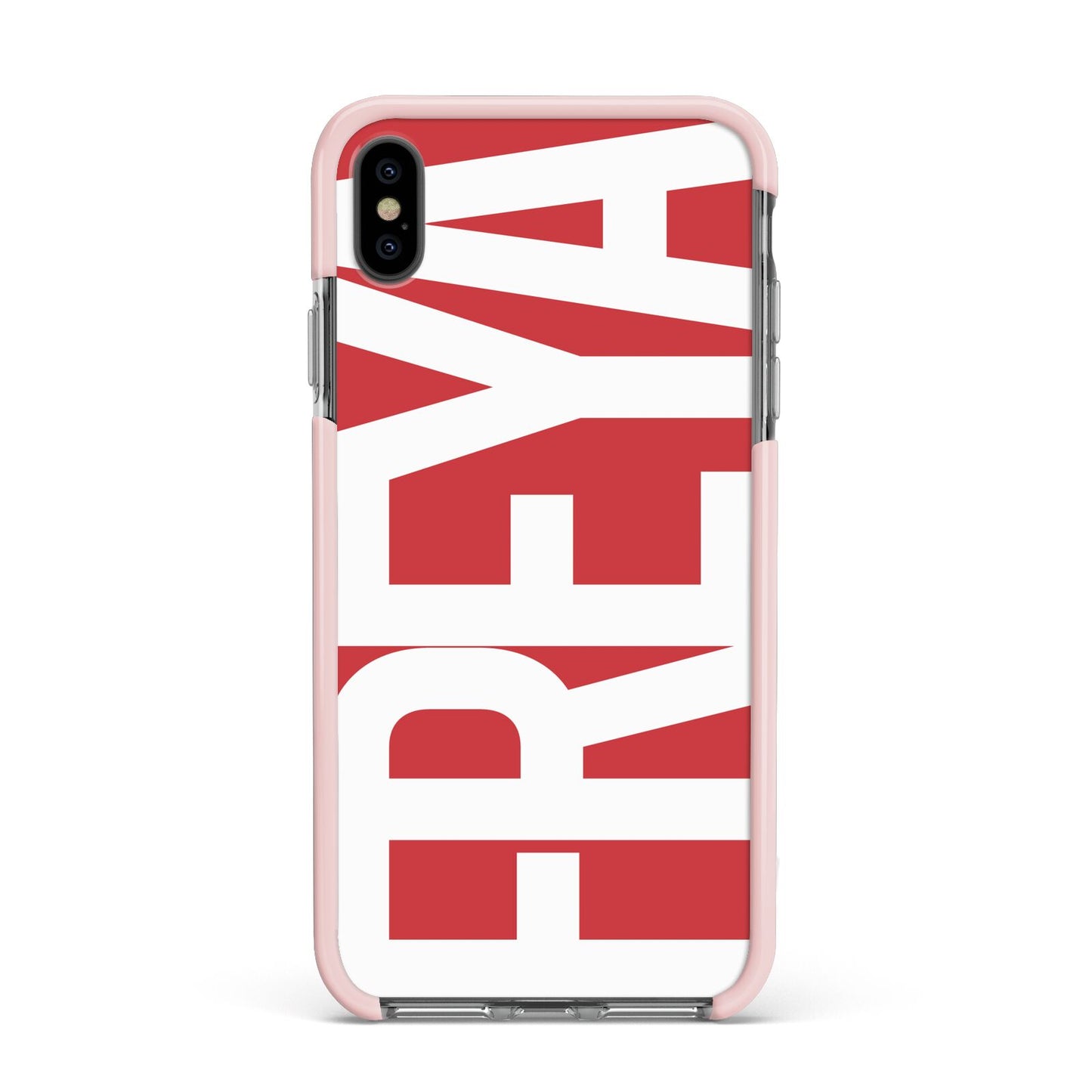 Red and White Chunky Name Apple iPhone Xs Max Impact Case Pink Edge on Black Phone