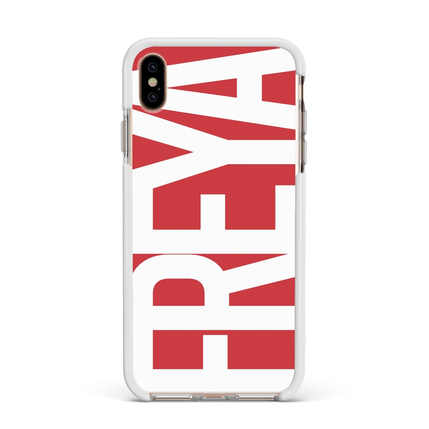 Red and White Chunky Name Apple iPhone Xs Max Impact Case White Edge on Gold Phone