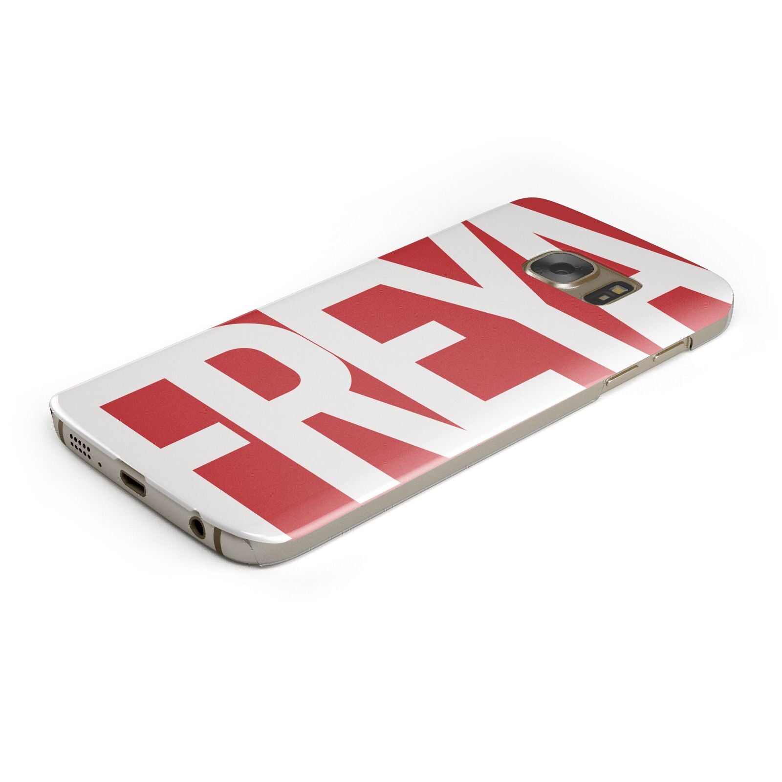 Red and White Chunky Name Protective Samsung Galaxy Case Angled Image