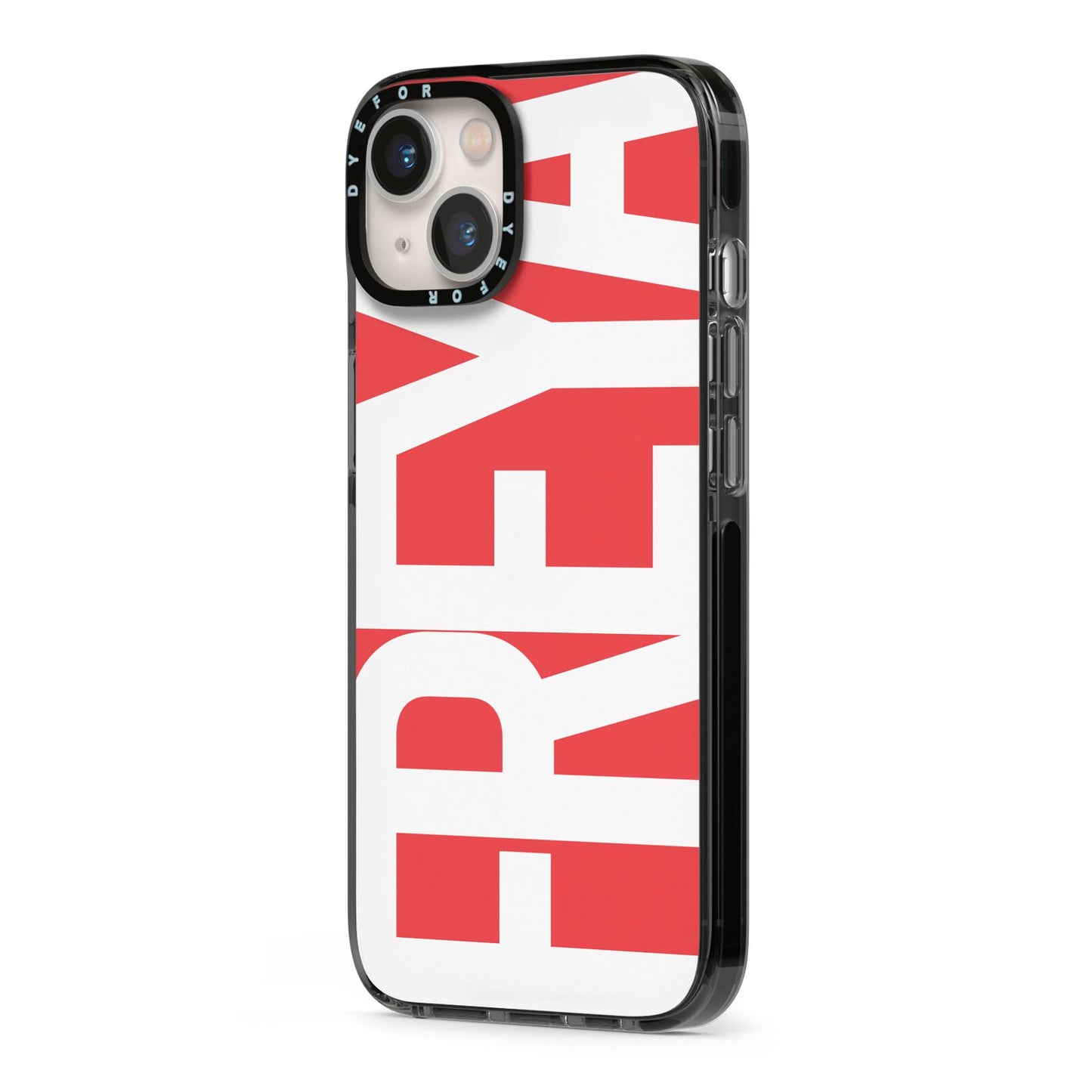 Red and White Chunky Name iPhone 13 Black Impact Case Side Angle on Silver phone