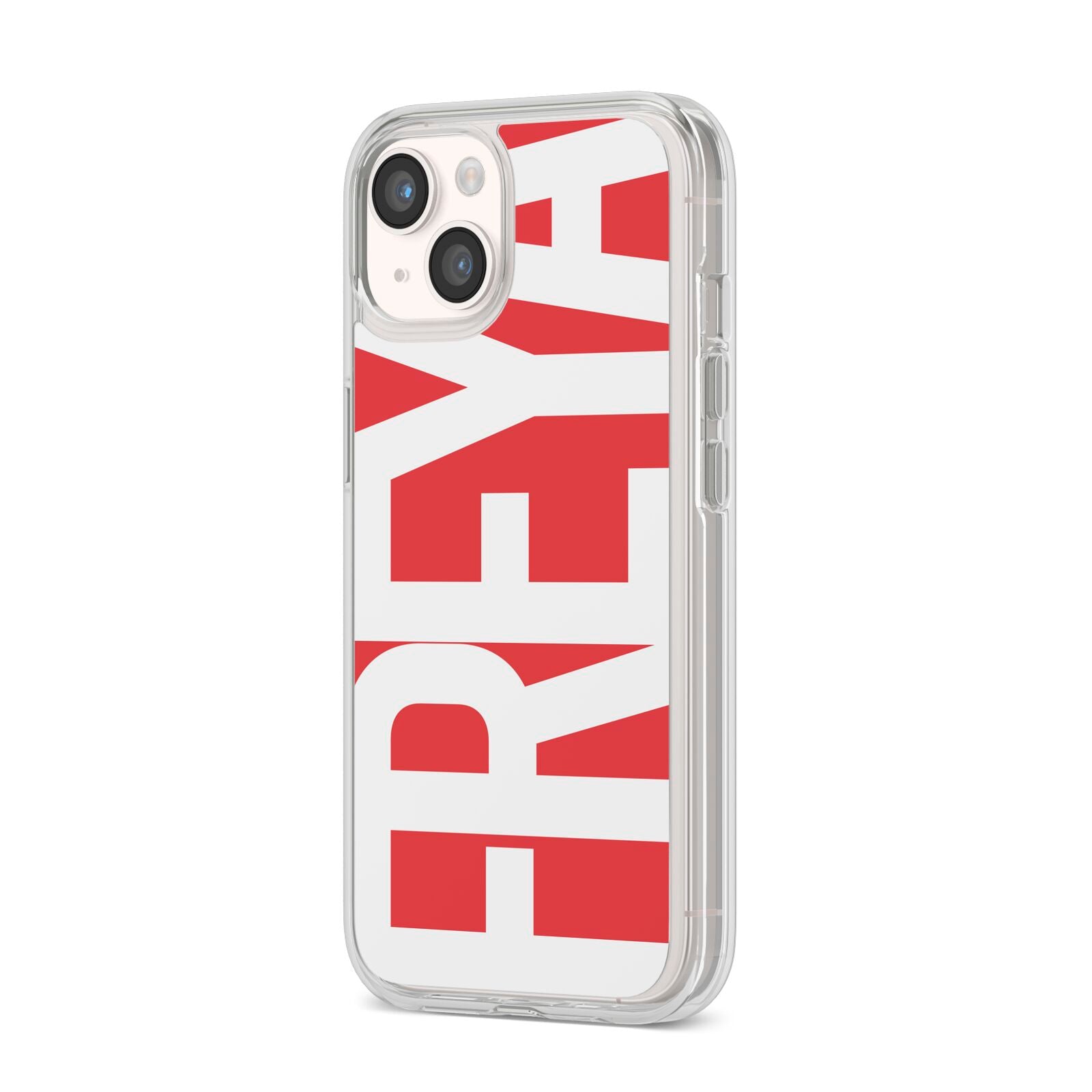 Red and White Chunky Name iPhone 14 Clear Tough Case Starlight Angled Image