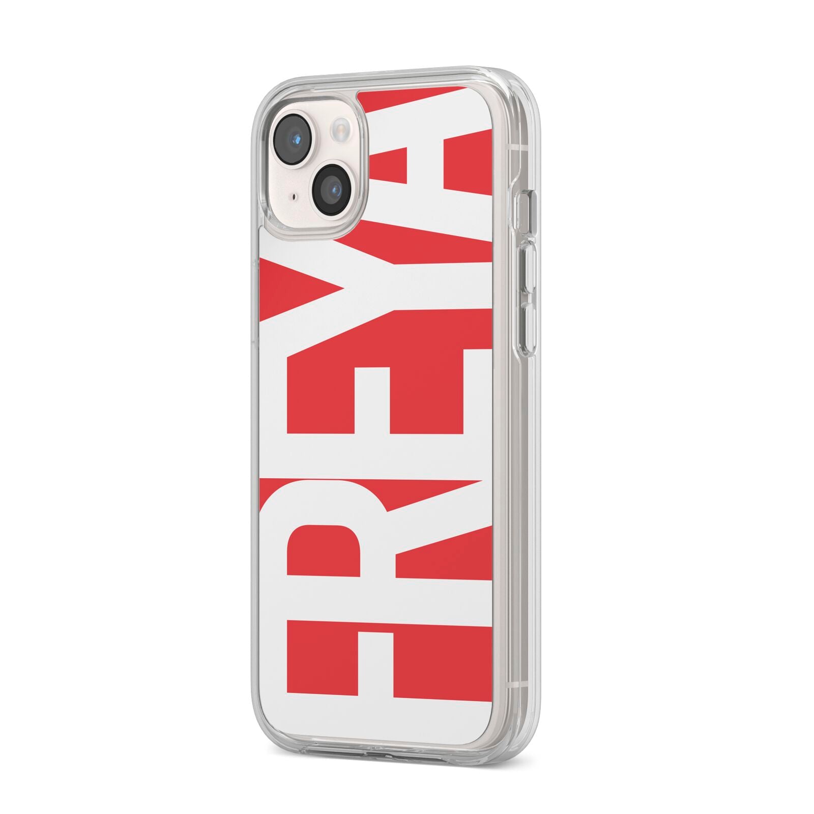 Red and White Chunky Name iPhone 14 Plus Clear Tough Case Starlight Angled Image