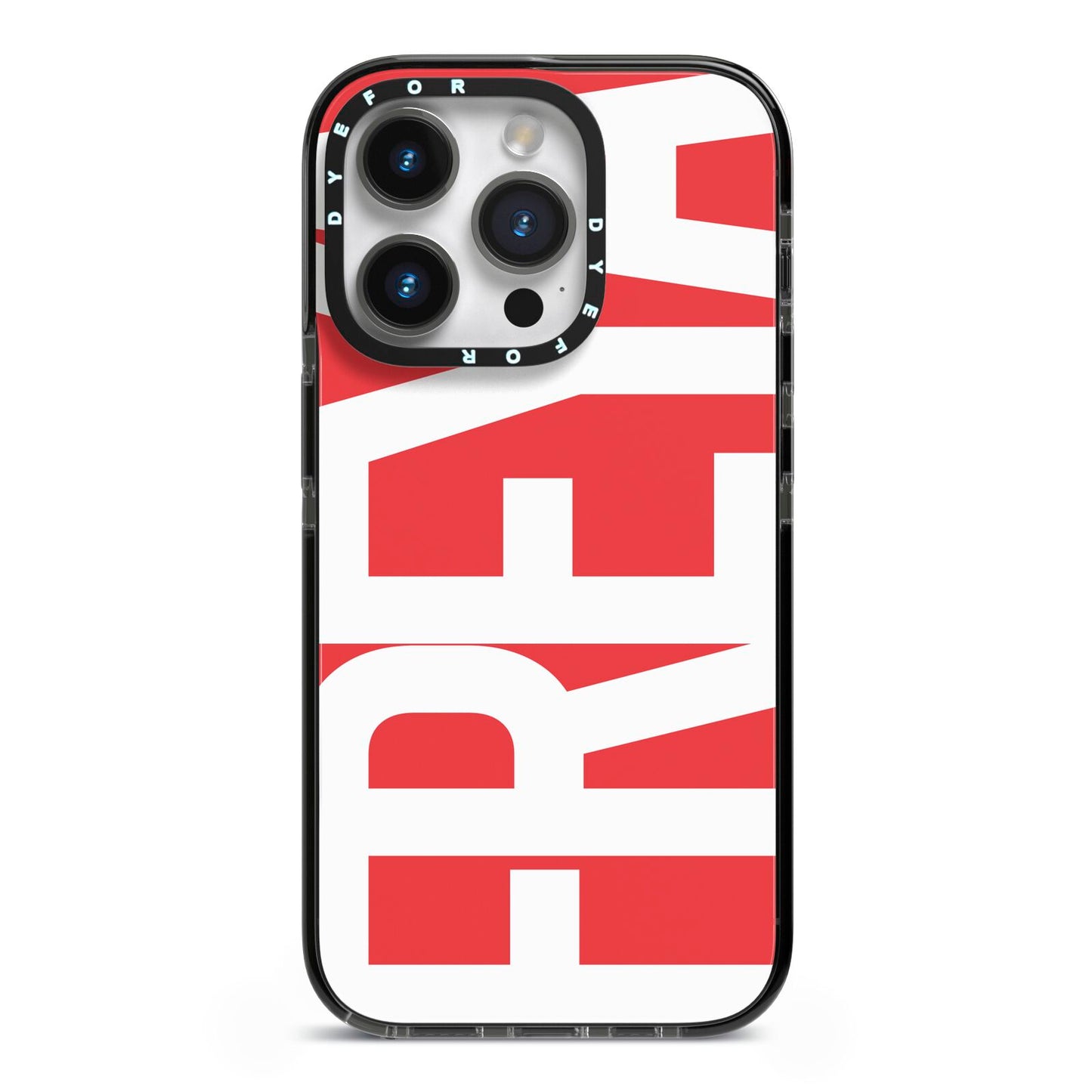 Red and White Chunky Name iPhone 14 Pro Black Impact Case on Silver phone