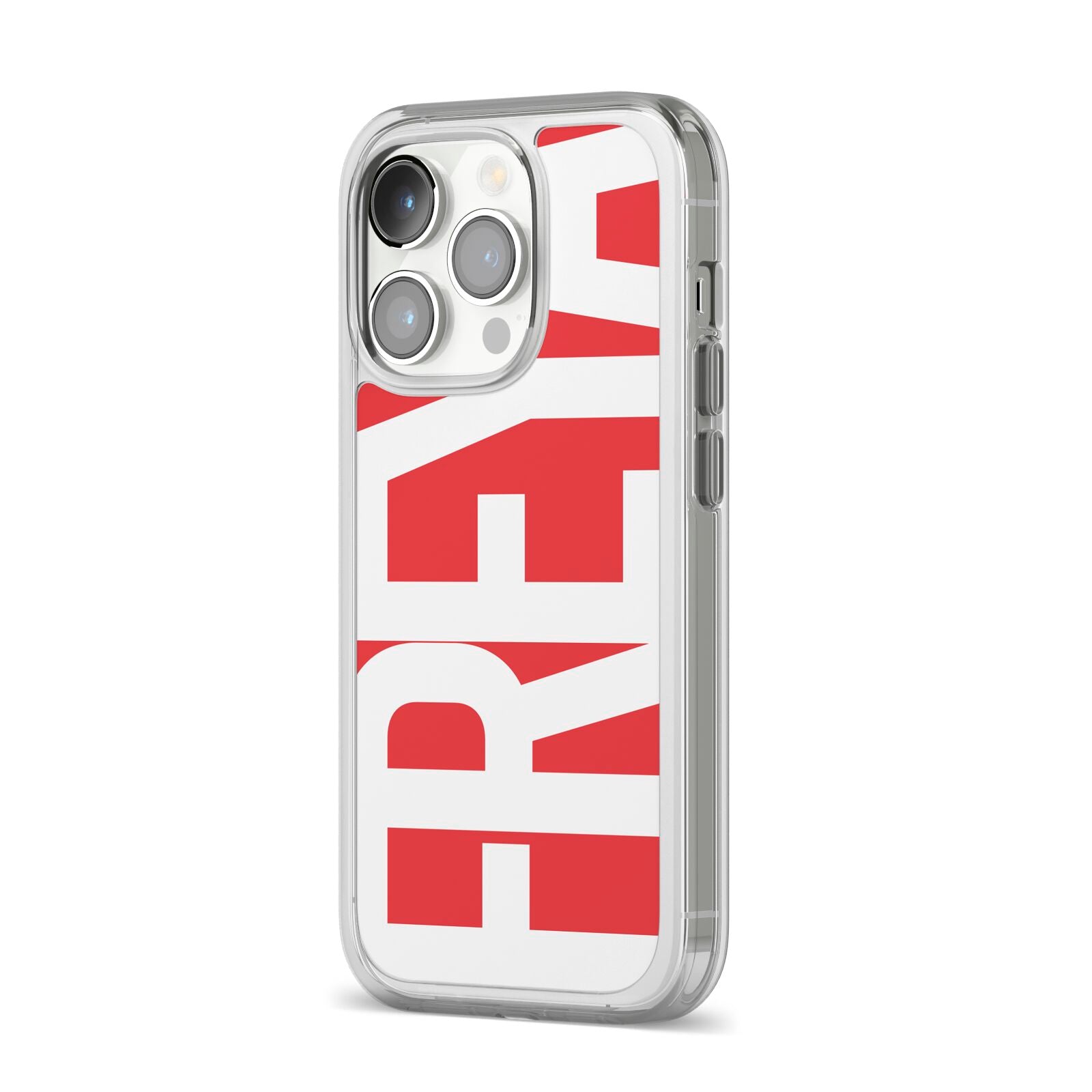 Red and White Chunky Name iPhone 14 Pro Clear Tough Case Silver Angled Image