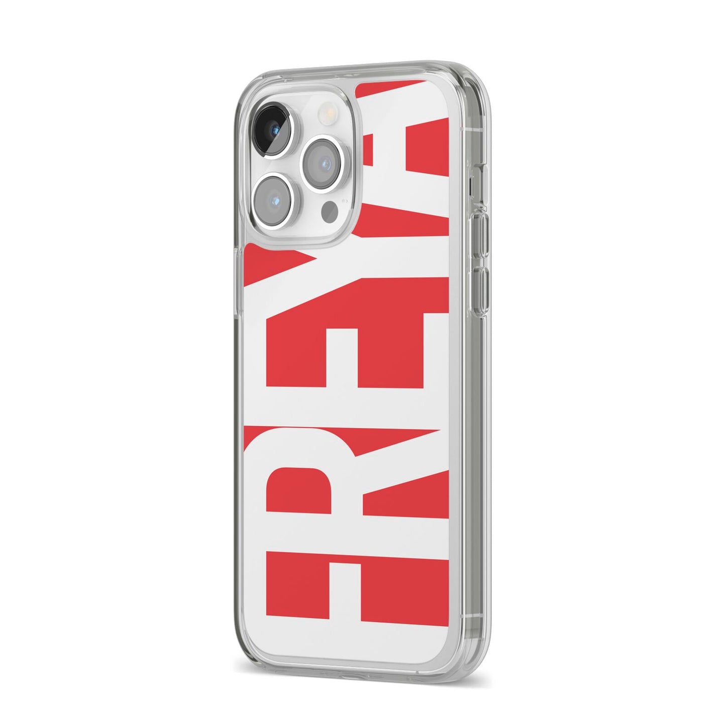 Red and White Chunky Name iPhone 14 Pro Max Clear Tough Case Silver Angled Image