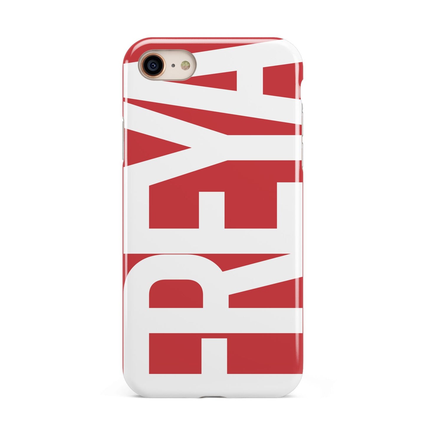 Red and White Chunky Name iPhone 8 3D Tough Case on Gold Phone