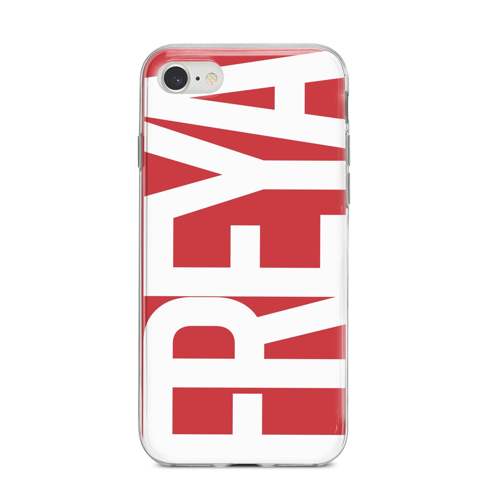 Red and White Chunky Name iPhone 8 Bumper Case on Silver iPhone