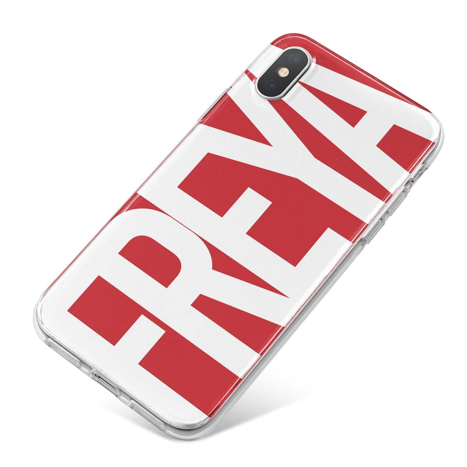 Red and White Chunky Name iPhone X Bumper Case on Silver iPhone