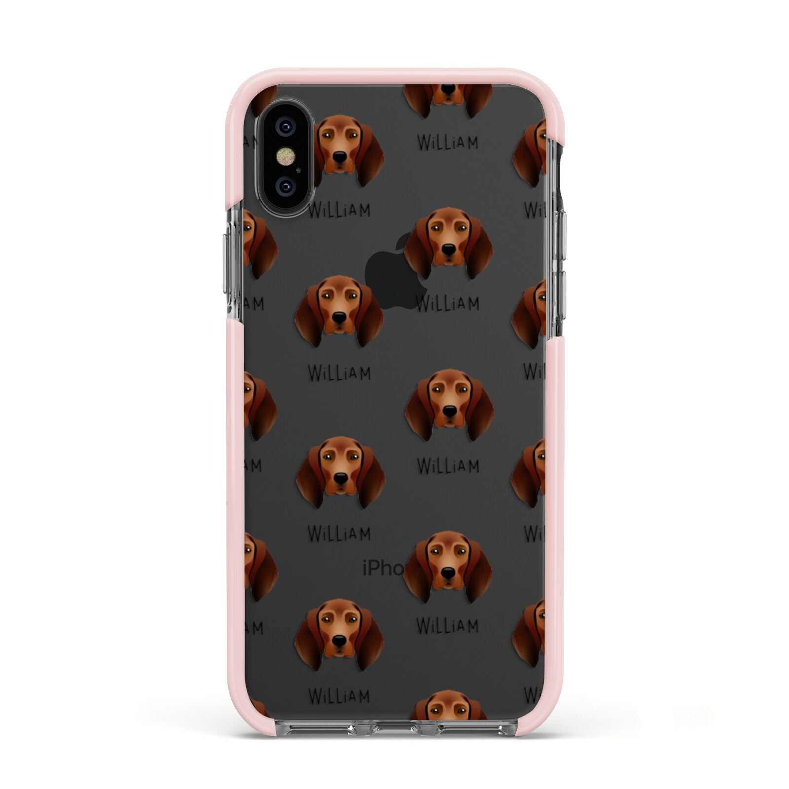 Redbone Coonhound Icon with Name Apple iPhone Xs Impact Case Pink Edge on Black Phone