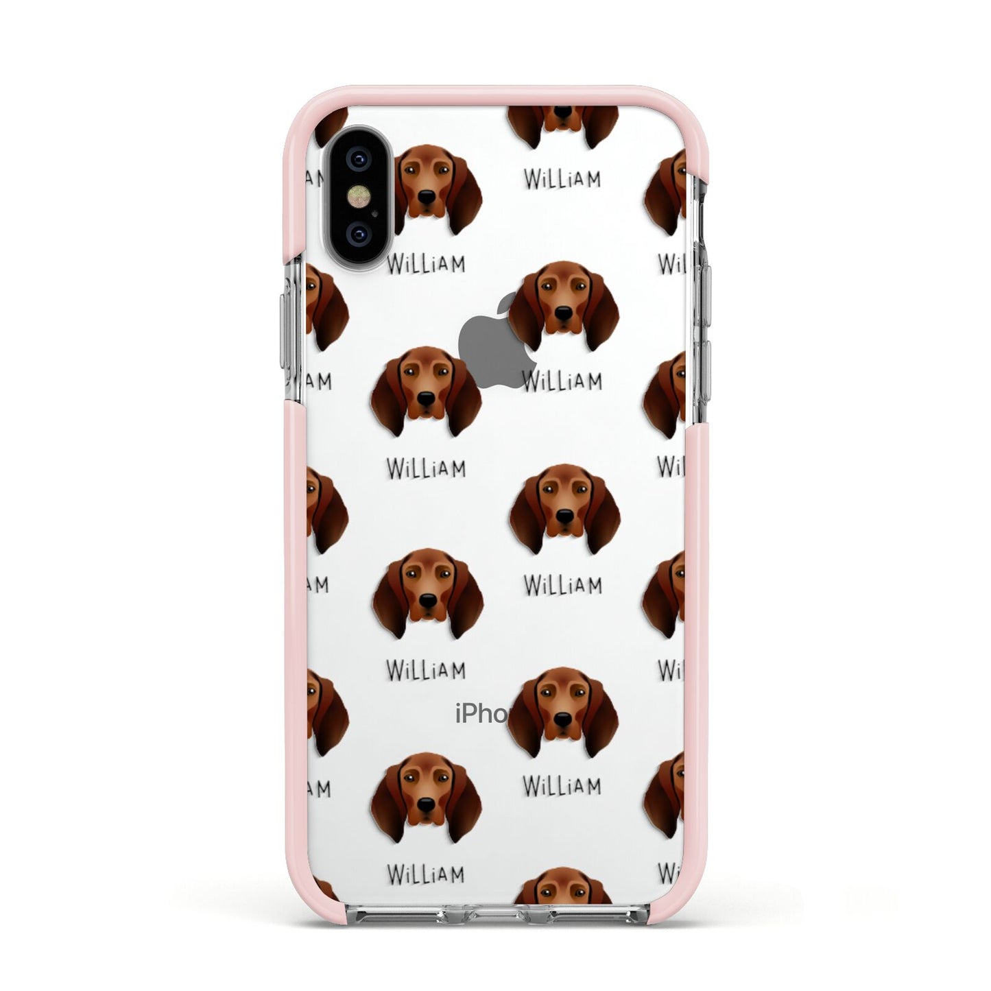 Redbone Coonhound Icon with Name Apple iPhone Xs Impact Case Pink Edge on Silver Phone