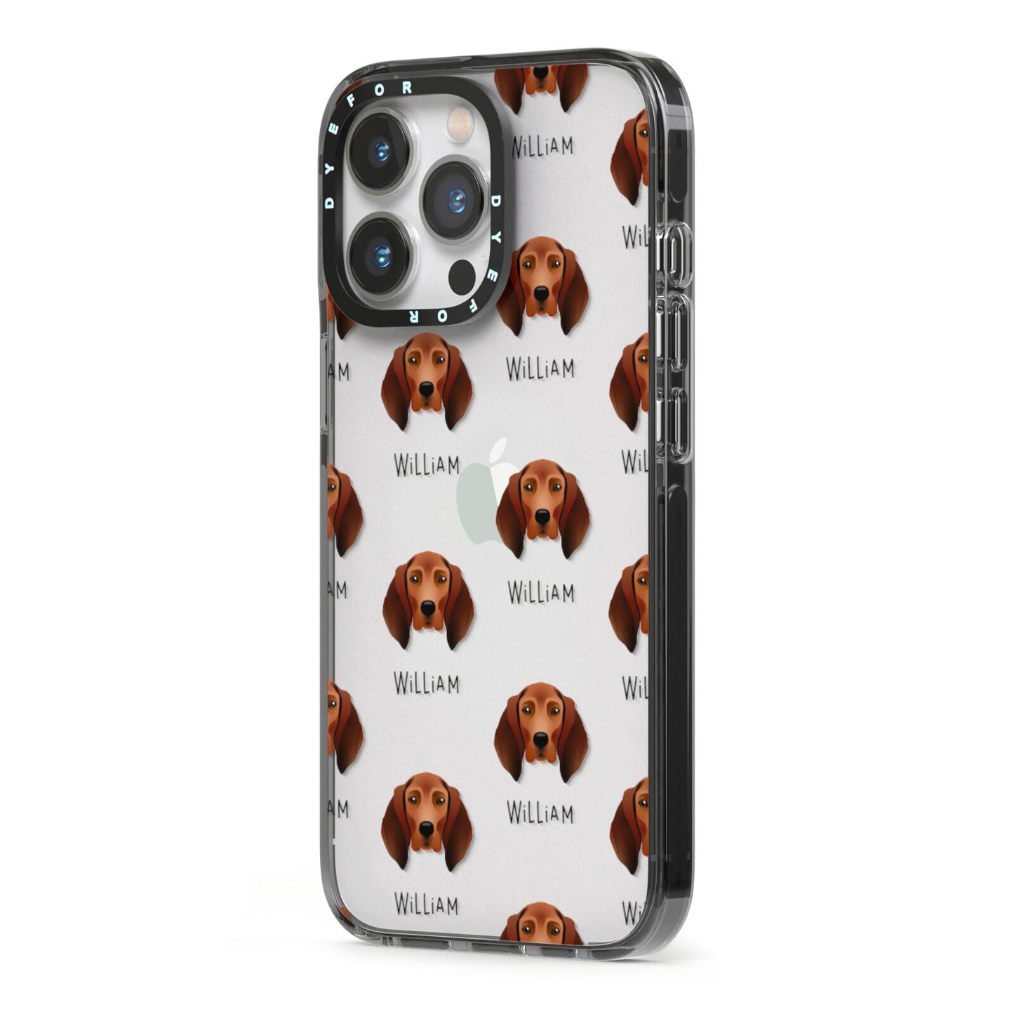 Redbone Coonhound Icon with Name iPhone 13 Pro Black Impact Case Side Angle on Silver phone