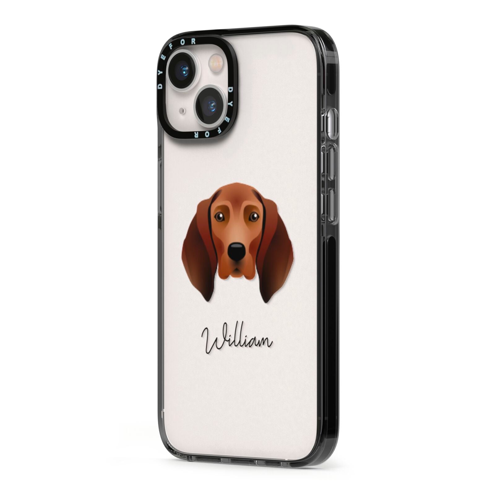 Redbone Coonhound Personalised iPhone 13 Black Impact Case Side Angle on Silver phone