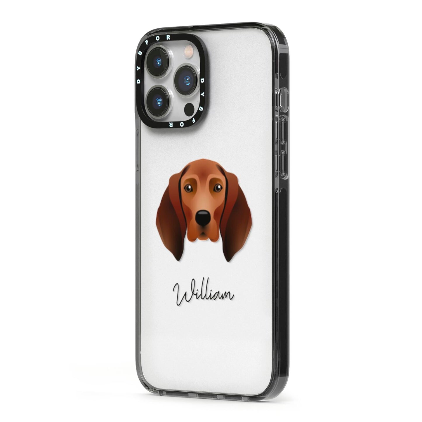 Redbone Coonhound Personalised iPhone 13 Pro Max Black Impact Case Side Angle on Silver phone