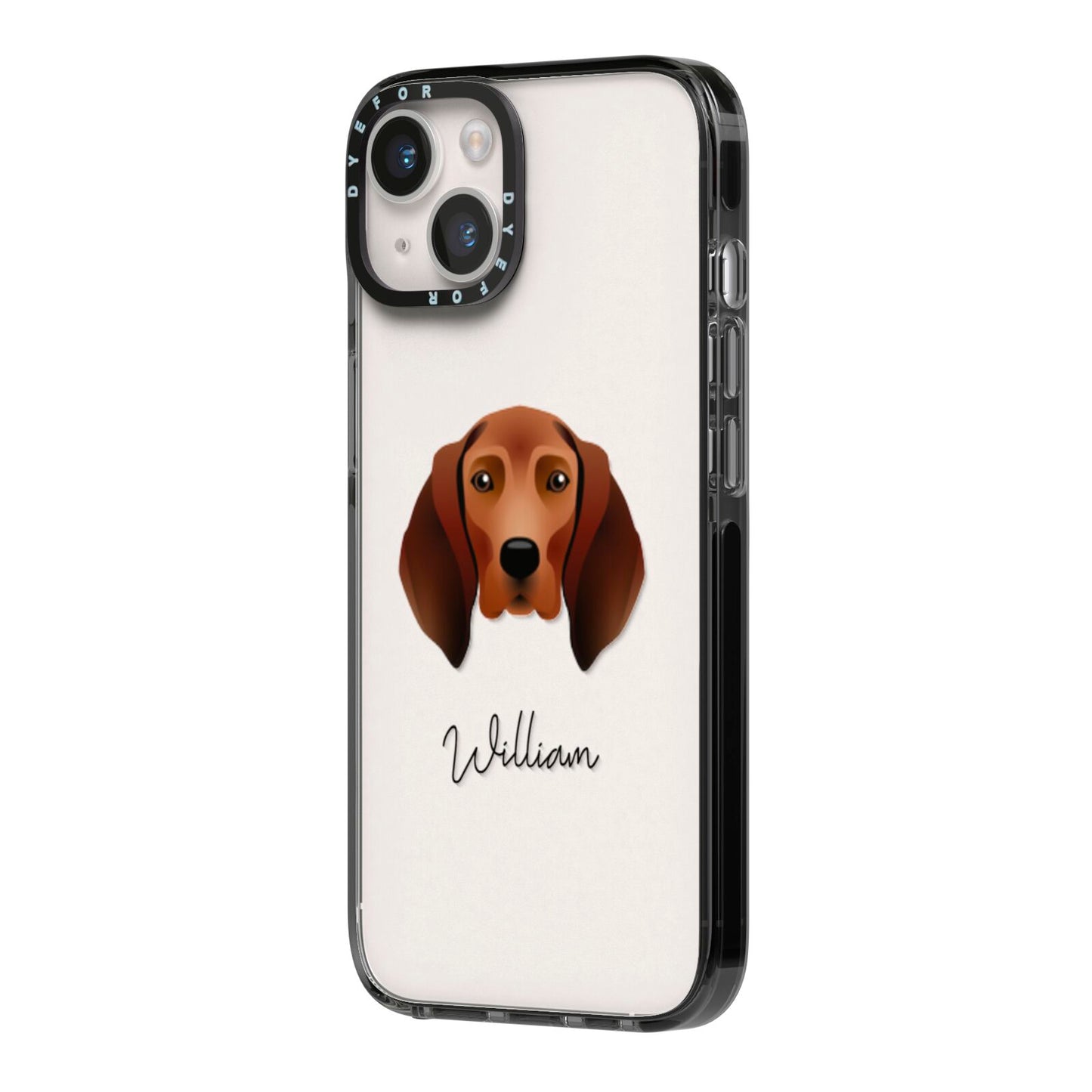 Redbone Coonhound Personalised iPhone 14 Black Impact Case Side Angle on Silver phone
