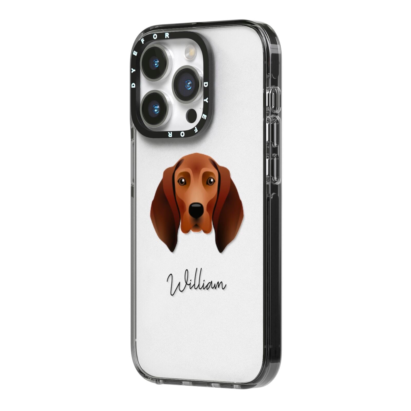 Redbone Coonhound Personalised iPhone 14 Pro Black Impact Case Side Angle on Silver phone