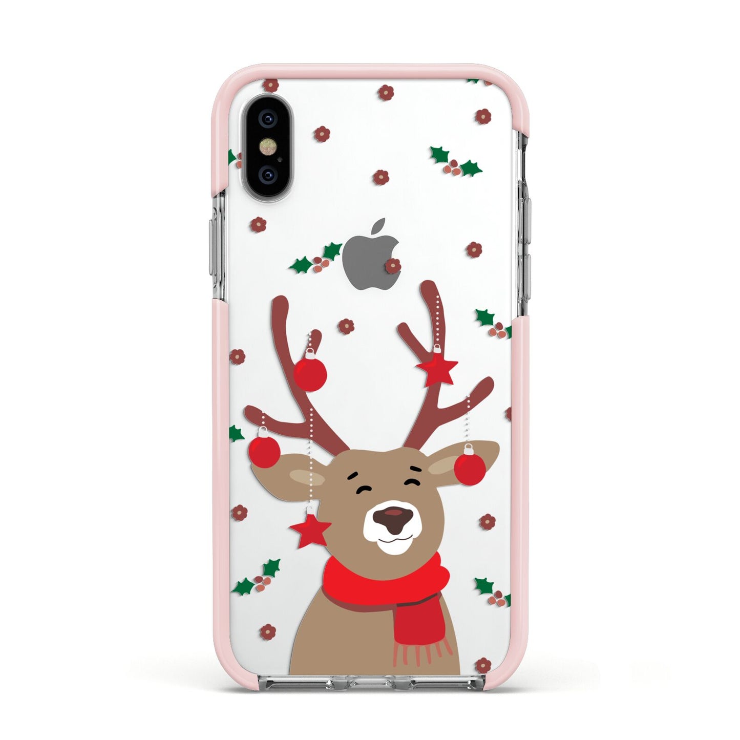 Reindeer Christmas Apple iPhone Xs Impact Case Pink Edge on Silver Phone
